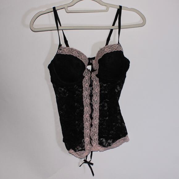 Sweet Intimates Black Lace Pushup Top With Pink Lace And Lace Up Front Size 36C - Picture 1 of 4